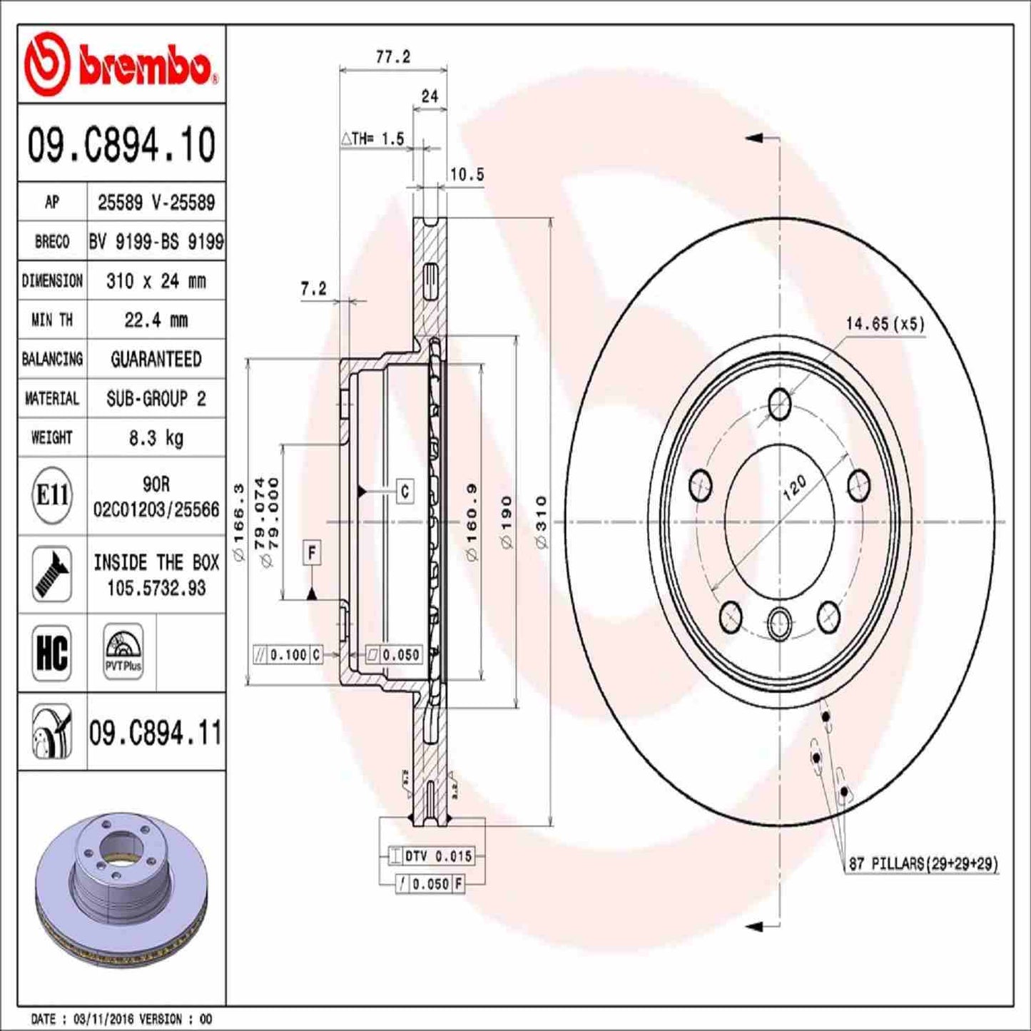 Brembo OE Brembo 04-05 BMW 525i/2007 525i Front Premium UV Coated OE Equivalent Rotor 09.C894.11