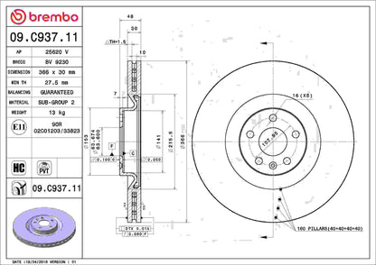 Brembo OE Brembo 16-20 Volvo XC90 Front Premium UV Coated OE Equivalent Rotor 09.C937.11