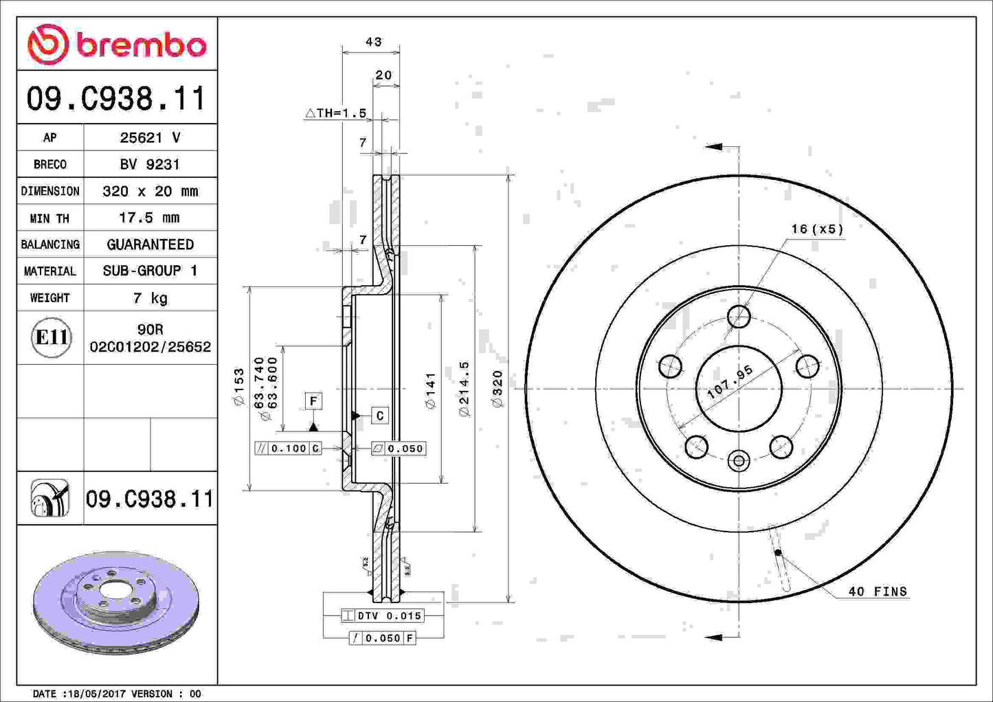 Brembo OE Brembo 19-20 Volvo S60/17-20 S90/2019 V60/18-20 V90 Rear Premium UV Coated OE Equivalent Rotor 09.C938.11