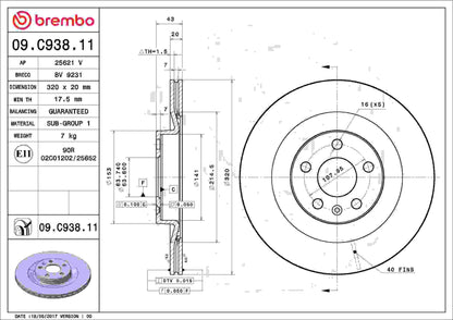 Brembo OE Brembo 19-20 Volvo S60/17-20 S90/2019 V60/18-20 V90 Rear Premium UV Coated OE Equivalent Rotor 09.C938.11