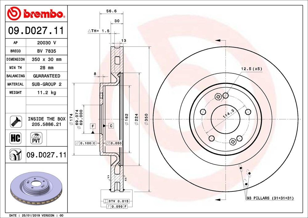 Brembo OE Brembo 19-21 Genesis G70/18-19 Kia Stinger Front Premium UV Coated OE Equivalent Rotor 09.D027.11