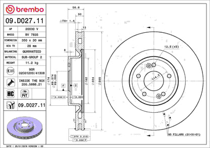 Brembo OE Brembo 19-21 Genesis G70/18-19 Kia Stinger Front Premium UV Coated OE Equivalent Rotor 09.D027.11