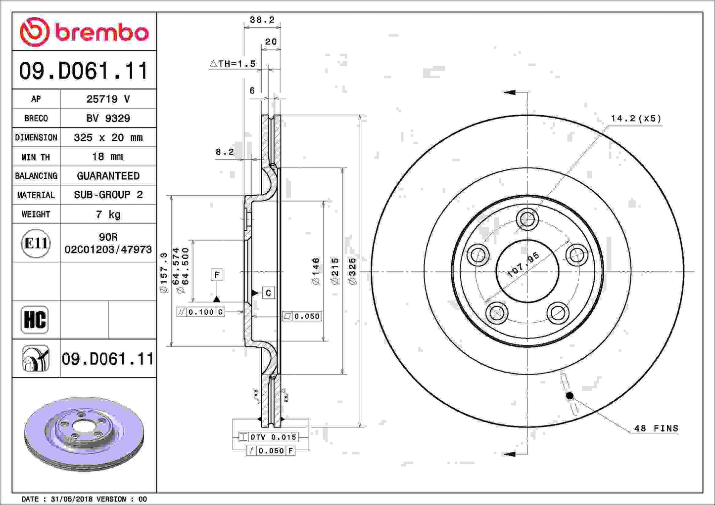 Brembo OE Brembo 14-20 Jaguar F-Type/13-14 XJ/16-19 XJ Rear Premium UV Coated OE Equivalent Rotor 09.D061.11