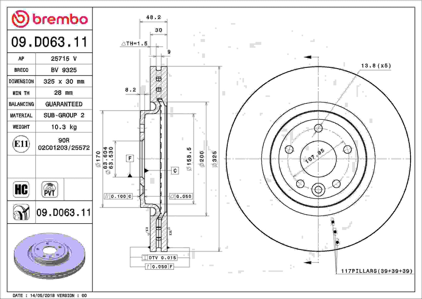 Brembo OE Brembo 17-20 Jaguar XE/17-19 XF Front Premium UV Coated OE Equivalent Rotor 09.D063.11
