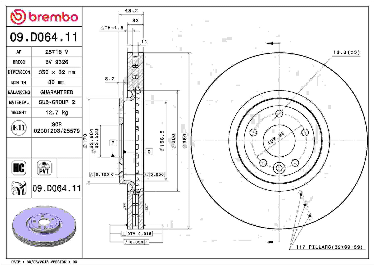 Brembo OE Brembo 17-20 Jaguar XE/16-20 XF Front Premium UV Coated OE Equivalent Rotor 09.D064.11