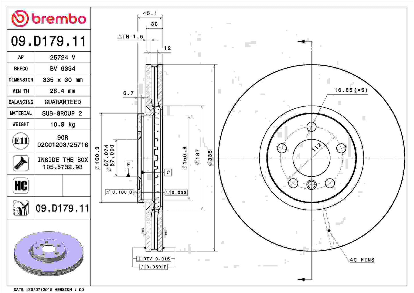 Brembo OE Brembo 15-21 Mini Cooper/17-19 Cooper Clubman Front Premium UV Coated OE Equivalent Rotor 09.D179.11