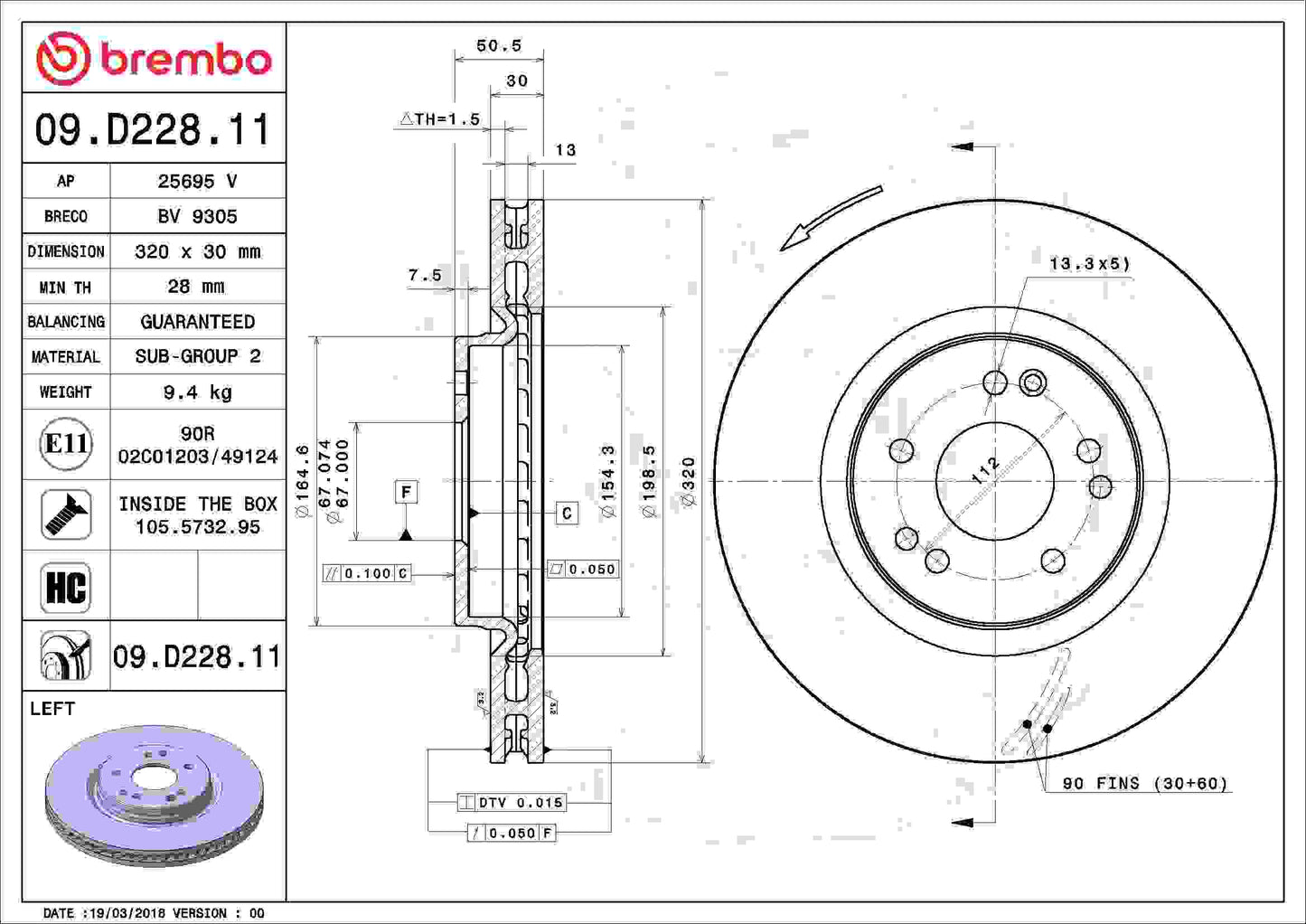 Brembo OE Brembo 92-93 Mercedes-Benz 500E/1993 500SL/600SL Front Left Premium UV Coated OE Equivalent Rotor 09.D228.11