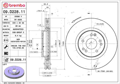 Brembo OE Brembo 92-93 Mercedes-Benz 500E/1993 500SL/600SL Front Left Premium UV Coated OE Equivalent Rotor 09.D228.11