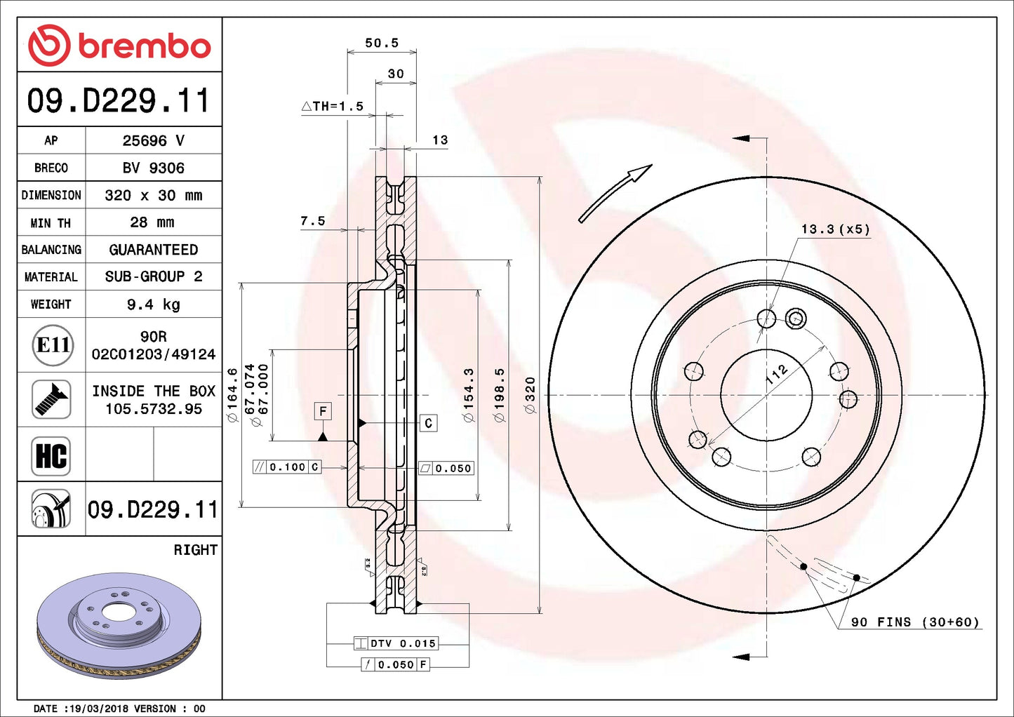 Brembo OE Brembo 92-93 Mercedes-Benz 500E/1993 500SL/600SL Front Right Premium UV Coated OE Equivalent Rotor 09.D229.11