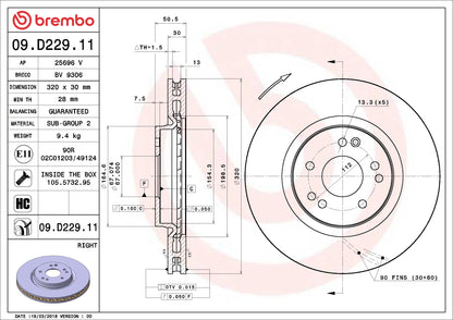 Brembo OE Brembo 92-93 Mercedes-Benz 500E/1993 500SL/600SL Front Right Premium UV Coated OE Equivalent Rotor 09.D229.11