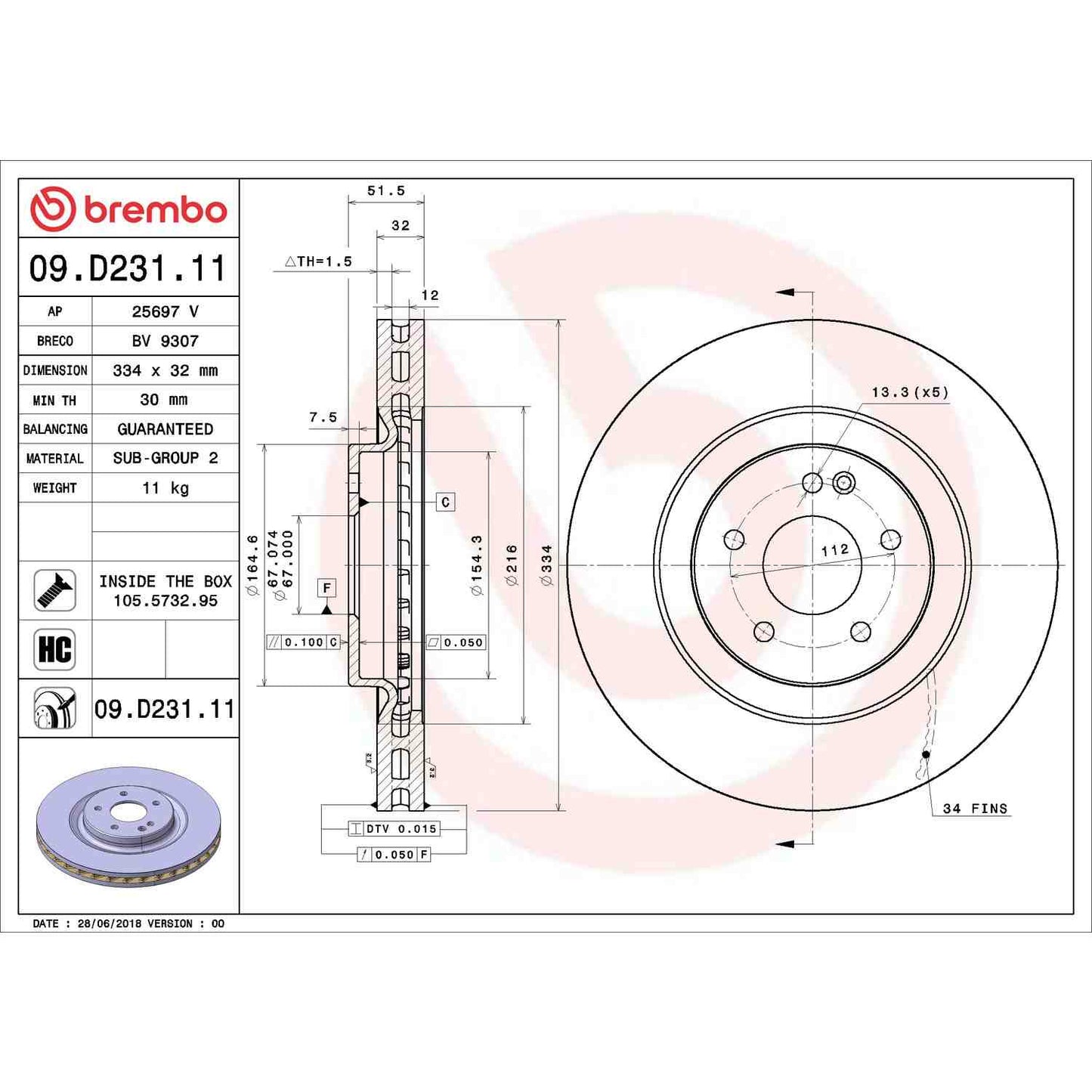 Brembo OE Brembo 99-02 Mercedes-Benz SL500/SL600 Front Premium UV Coated OE Equivalent Rotor 09.D231.11