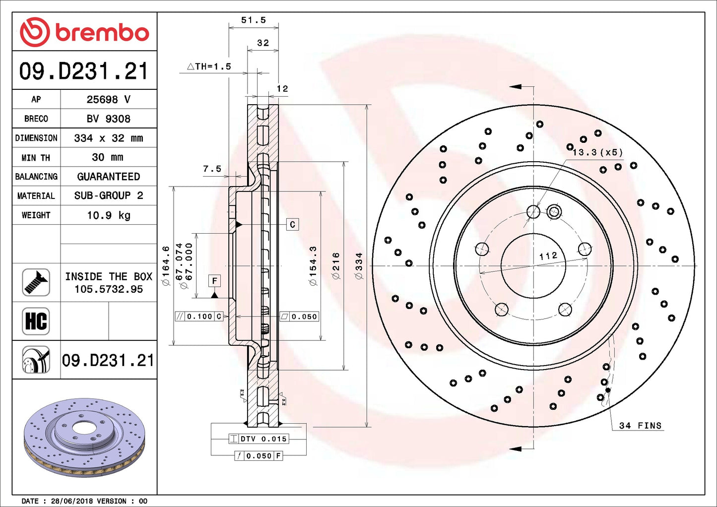 Brembo OE Brembo 00-02 Mercedes-Benz SL500/SL600 Front Premium UV Coated OE Equivalent Rotor 09.D231.21