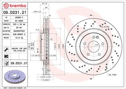 Brembo OE Brembo 00-02 Mercedes-Benz SL500/SL600 Front Premium UV Coated OE Equivalent Rotor 09.D231.21