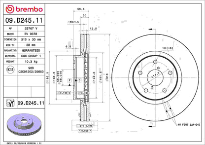 Brembo OE Brembo 2015 Subaru Legacy/15-19 Outback/15-20 WRX Front Premium UV Coated OE Equivalent Rotor 09.D245.11