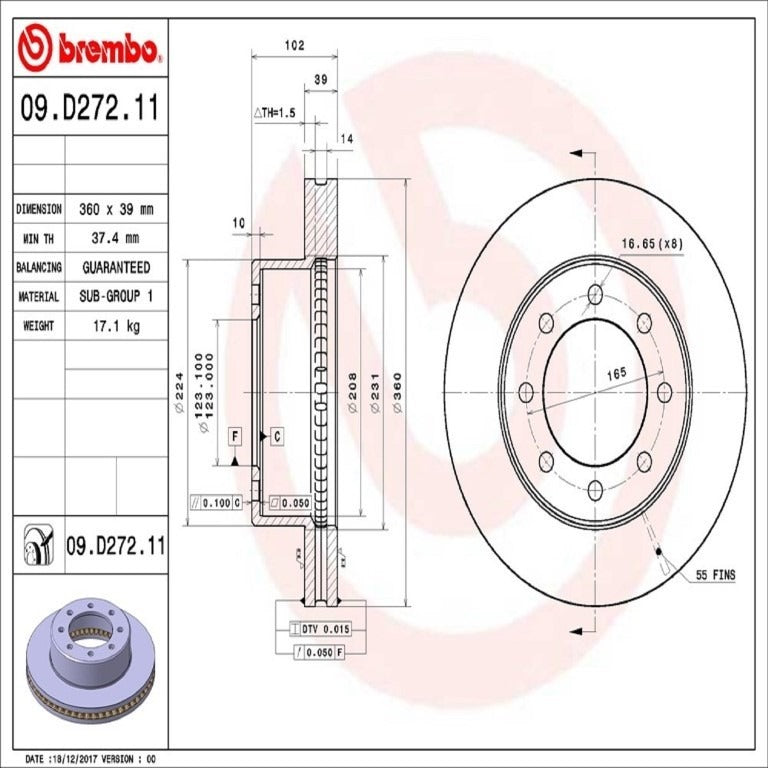 Brembo OE Brembo 09-10 Dodge Ram 3500/2012 Ram 1500/11-18 2500/3500 Front Premium OE Equivalent Rotor 09.D272.10