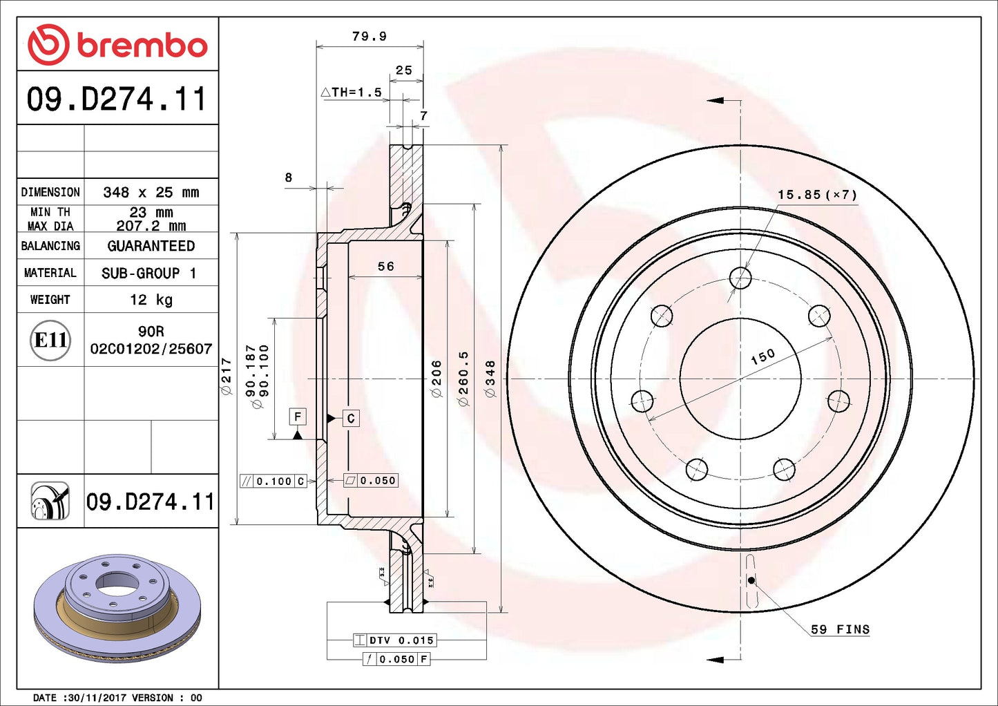 Brembo OE Brembo 12-14 Ford F-150 Rear Premium UV Coated OE Equivalent Rotor 09.D274.11