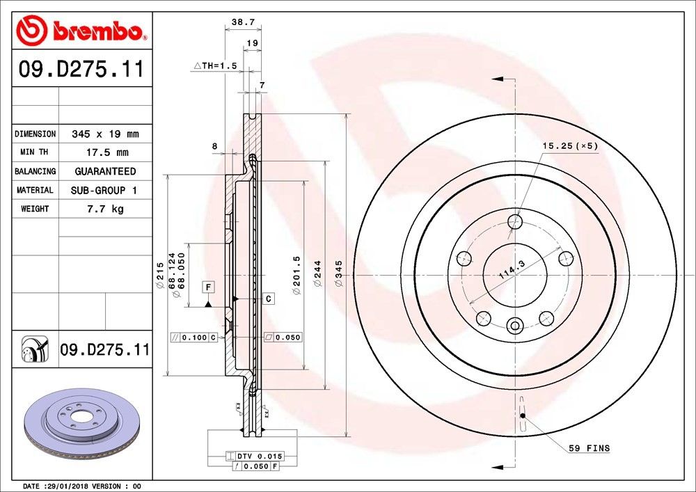 Brembo OE Brembo 13-19 Ford Explorer/13-19 Police Interceptor Sedan Rear Premium UV Coated OE Equivalent Rotor 09.D275.11