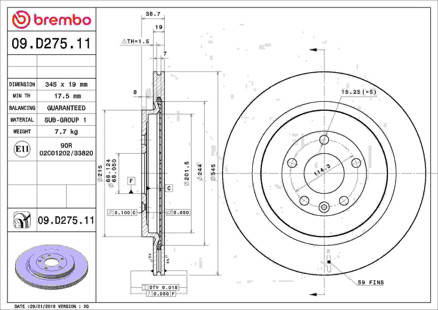 Brembo OE Brembo 13-19 Ford Explorer/13-19 Police Interceptor Sedan Rear Premium UV Coated OE Equivalent Rotor 09.D275.11