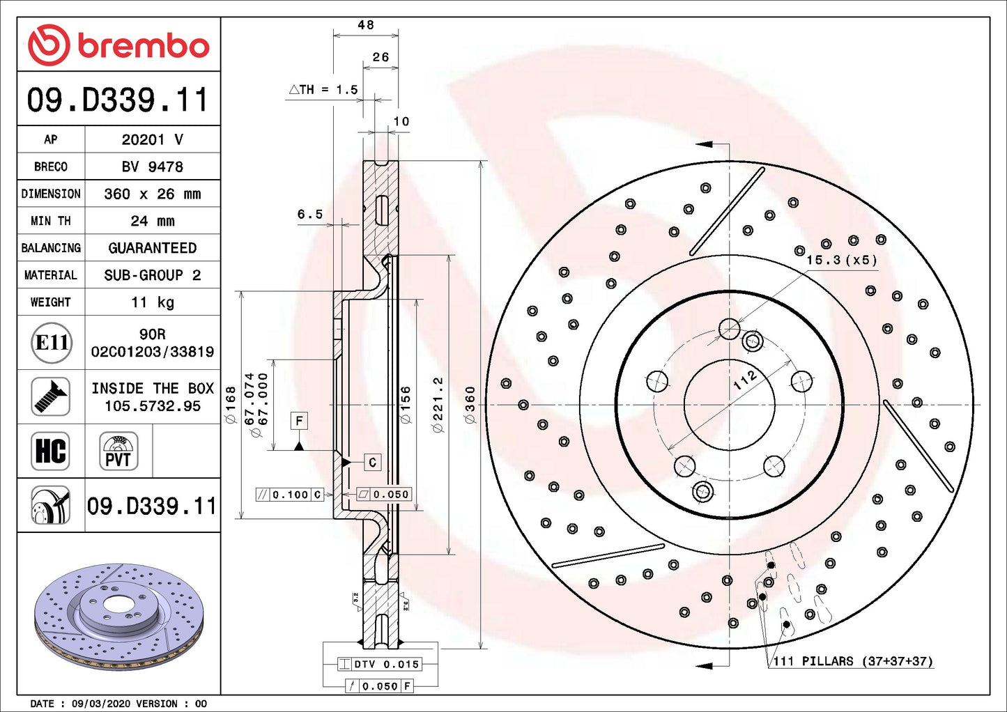 Brembo OE Brembo 19-20 Mercedes-Benz AMG GT 53/18-20 GLC63 AMG Rear Premium UV Coated OE Equivalent Rotor 09.D339.11