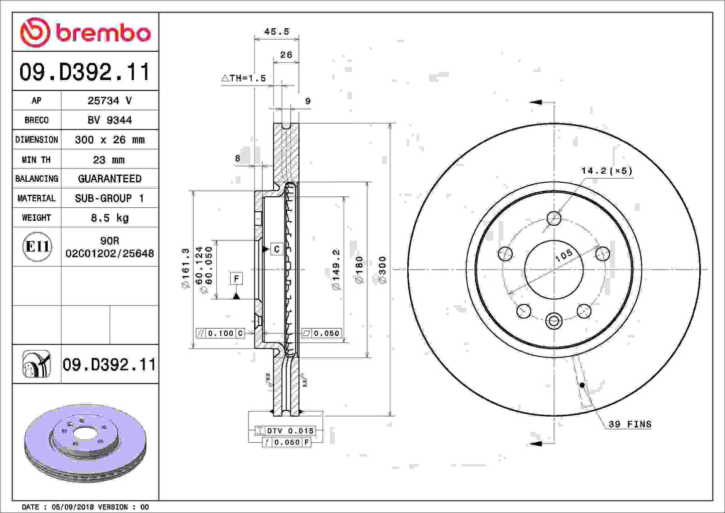 Brembo OE Brembo 17-19 Chevrolet Bolt EV/16-19 Cruze/Volt Front Premium UV Coated OE Equivalent Rotor 09.D392.11