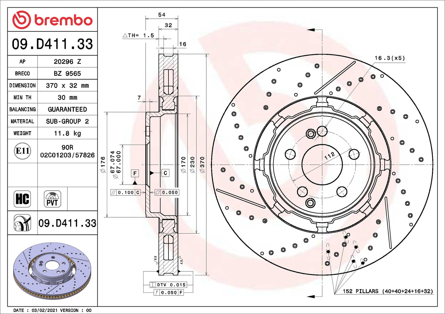 Brembo OE Brembo 18-22 Hyundai Kona/20-21 Kia Soul Rear UV Coated Rotor 09.D411.33