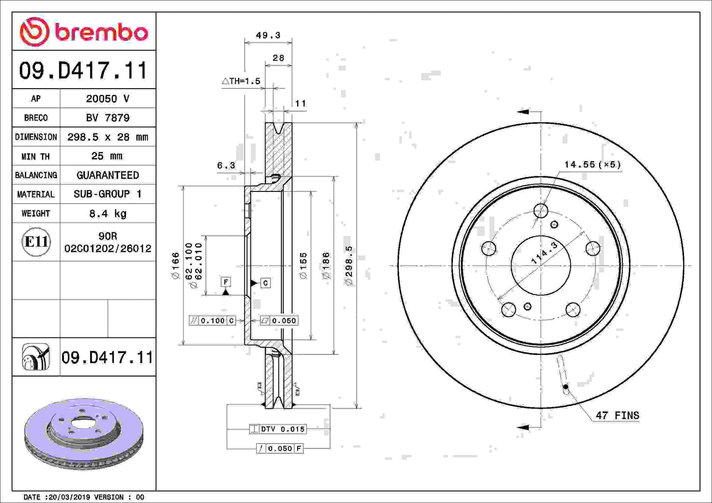 Brembo OE Brembo 18-20 Toyota C-HR Front Premium UV Coated OE Equivalent Rotor 09.D417.11