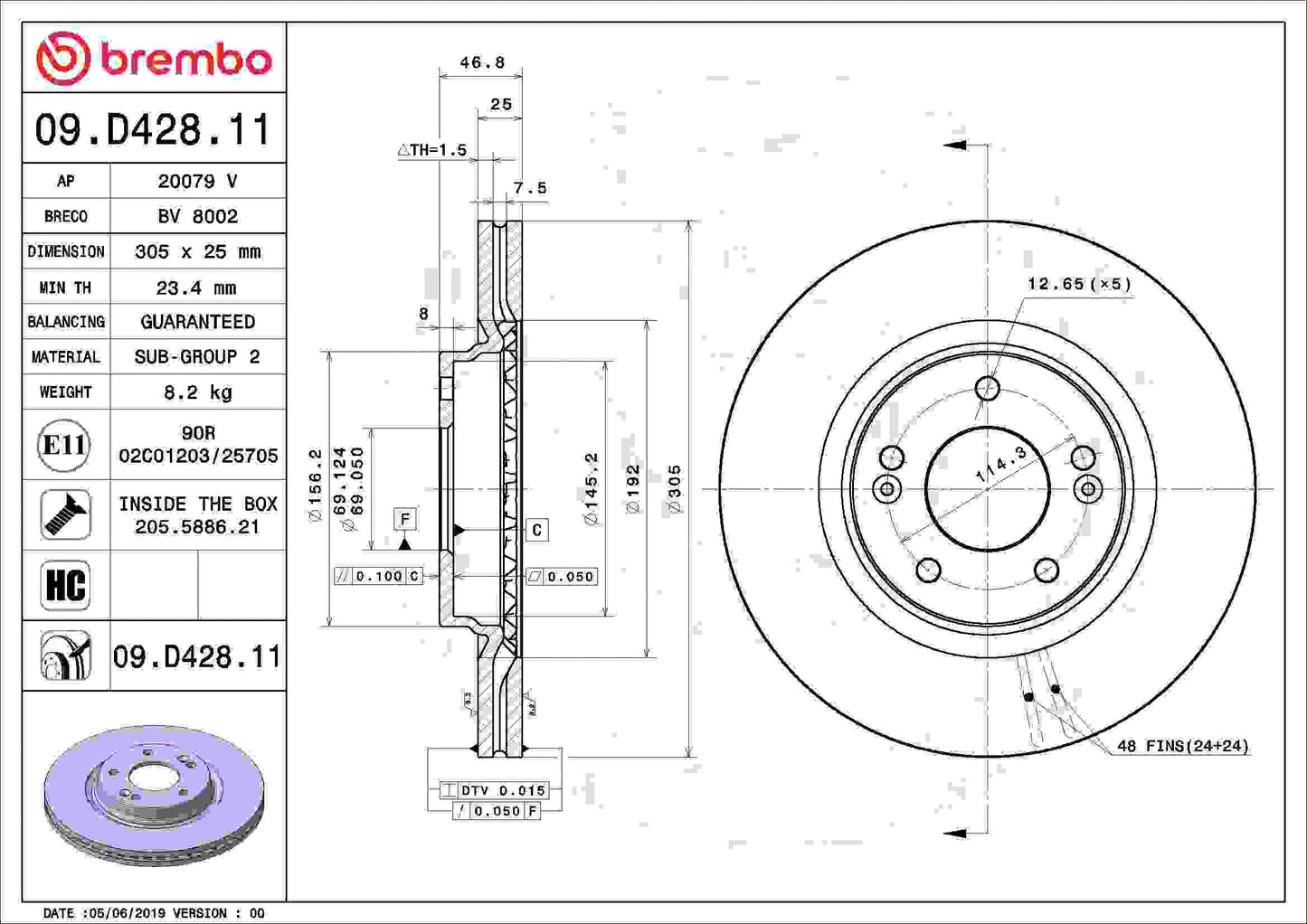 Brembo OE Brembo 17-20 Hyundai Elantra/18-20 Elantra GT Front Premium UV Coated OE Equivalent Rotor 09.D428.11