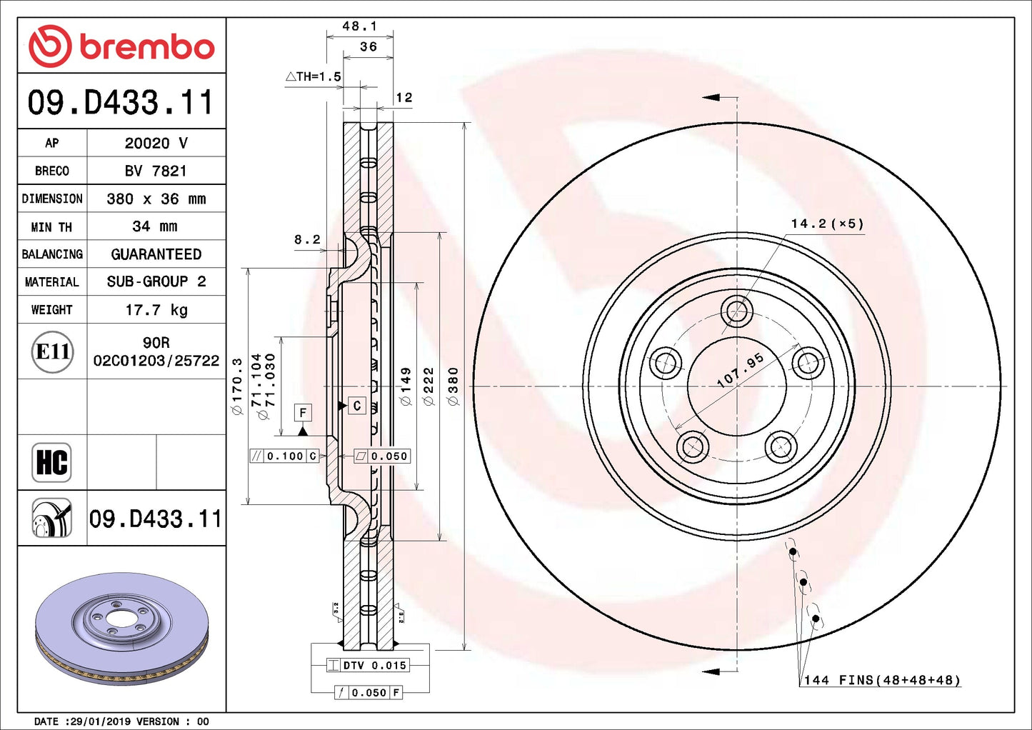 Brembo OE Brembo 14-21 Jaguar F-Type Front Premium UV Coated OE Equivalent Rotor 09.D433.11