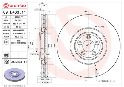 Brembo OE Brembo 14-21 Jaguar F-Type Front Premium UV Coated OE Equivalent Rotor 09.D433.11