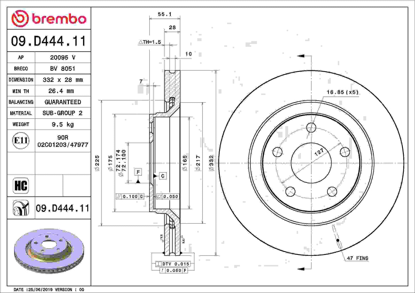 Brembo OE Brembo 08-17 Jeep Wrangler/2018 Wrangler JK Front Premium UV Coated OE Equivalent Rotor 09.D444.11