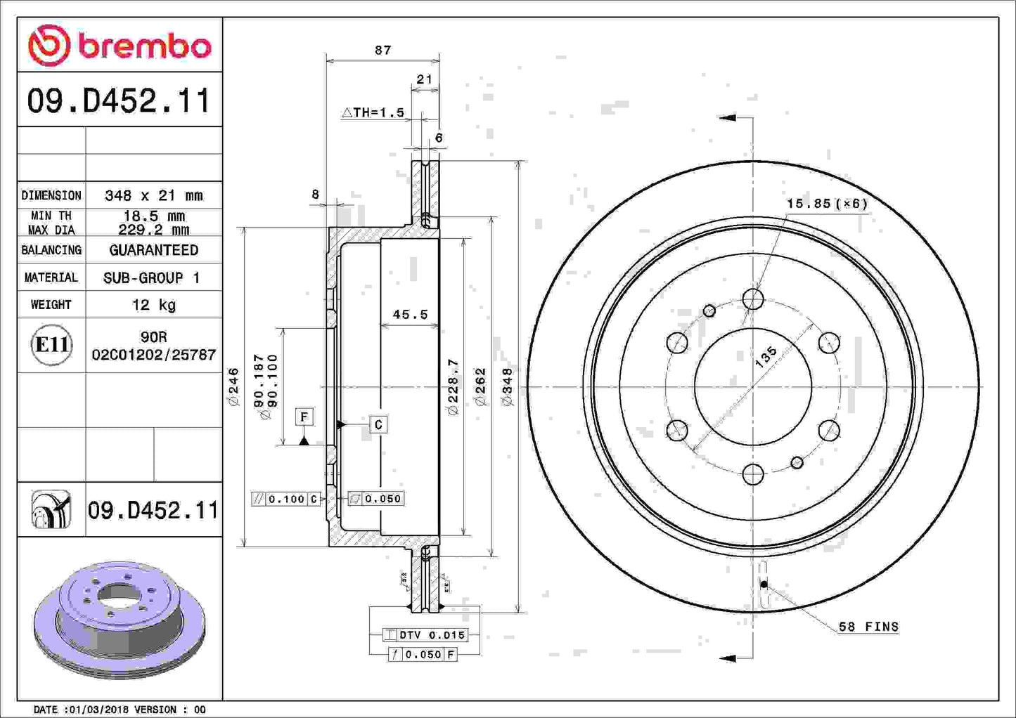 Brembo OE Brembo 2011 Ford F-150 Rear Premium UV Coated OE Equivalent Rotor 09.D452.11