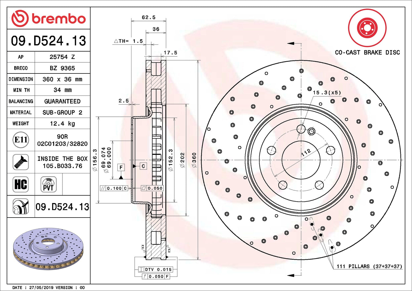 Brembo OE Brembo 17-20 Mercedes-Benz C43 AMG/2016 C450 AMG/2019 CLS450 Front Premium OE Equivalent Rotor 09.D524.13