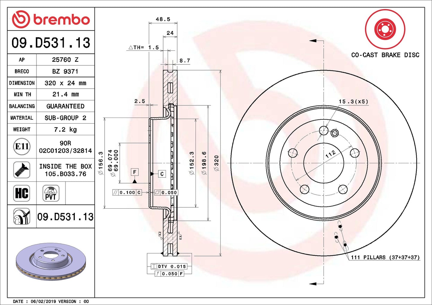Brembo OE Brembo 17-20 Mercedes-Benz C43 AMG/2016 C450 AMG/17-20 GLC43 AMG Rear Premium OE Equivalent Rotor 09.D531.13