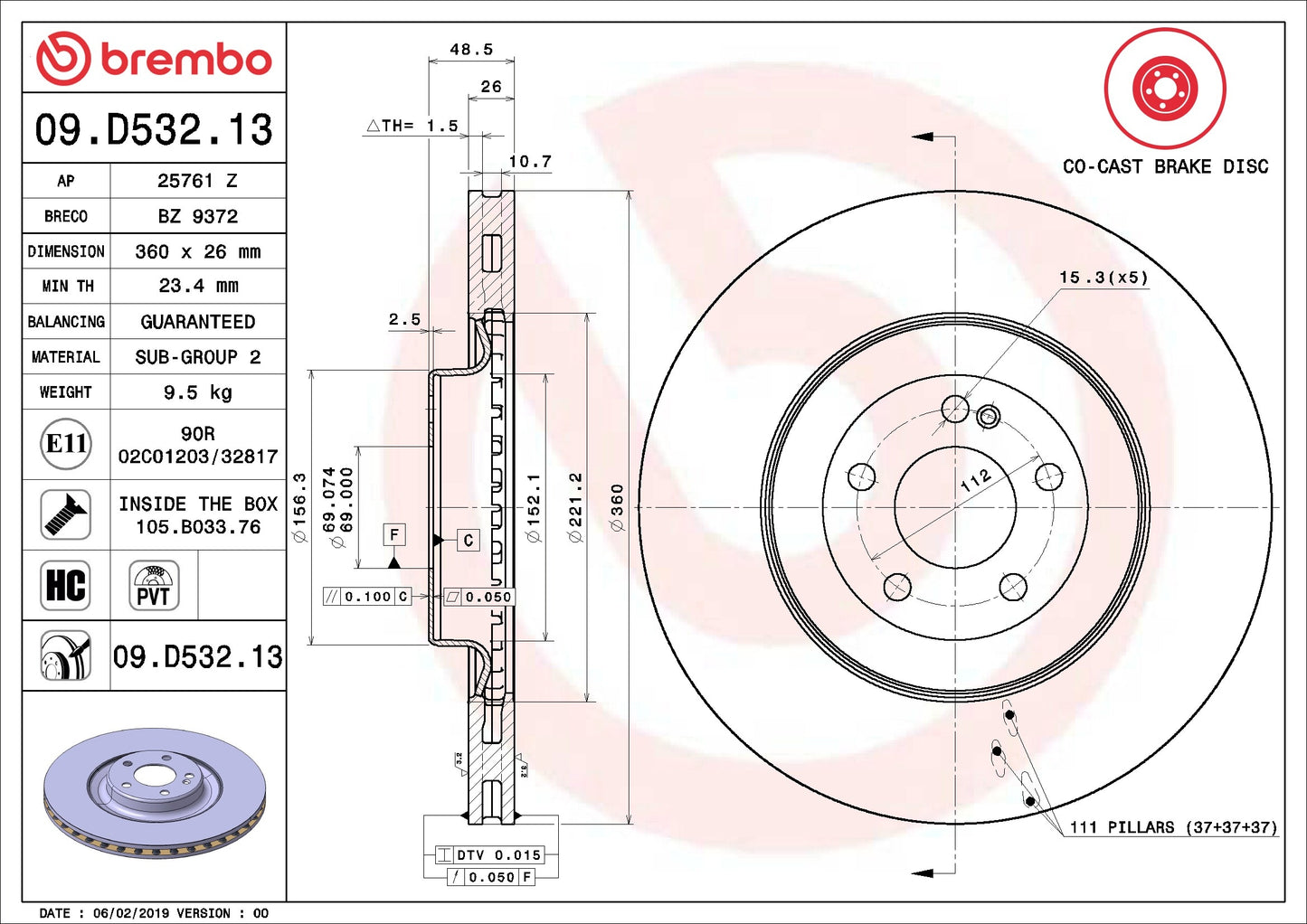 Brembo OE Brembo 2019 Mercedes-Benz CLS53 AMG/CLS450/17-18 E43 AMG/19 E53 AMG Rear Premium OE Equivalent Rotor 09.D532.13