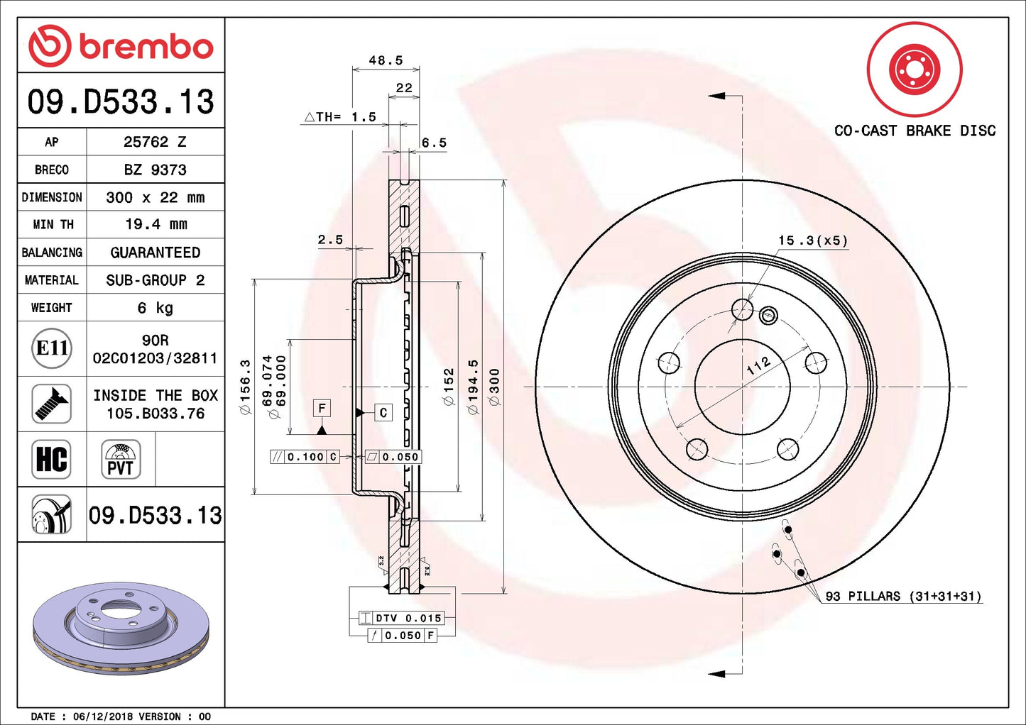Brembo OE Brembo 2015 Mercedes-Benz C400 Rear Premium OE Equivalent Rotor 09.D533.13