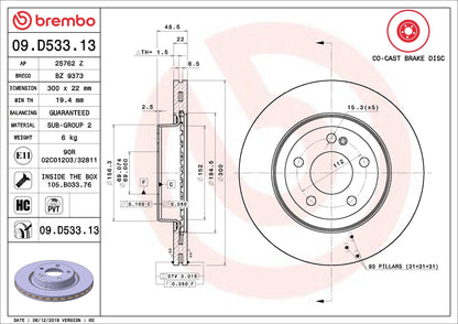 Brembo OE Brembo 2015 Mercedes-Benz C400 Rear Premium OE Equivalent Rotor 09.D533.13