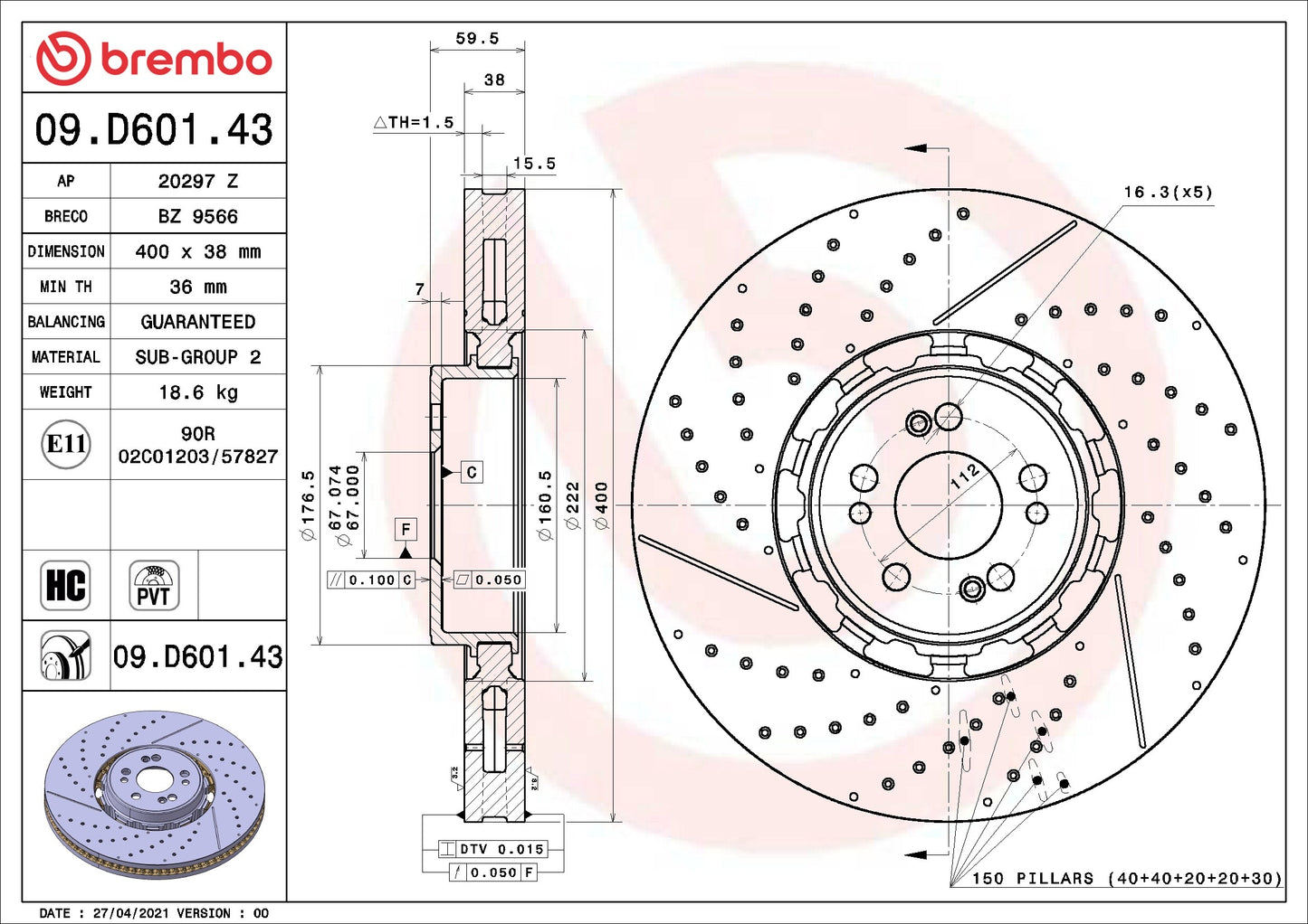 Brembo OE Brembo 19-22 Mercedes-Benz A220/20-22 CLA250 Front UV Coated Rotor 09.D601.43