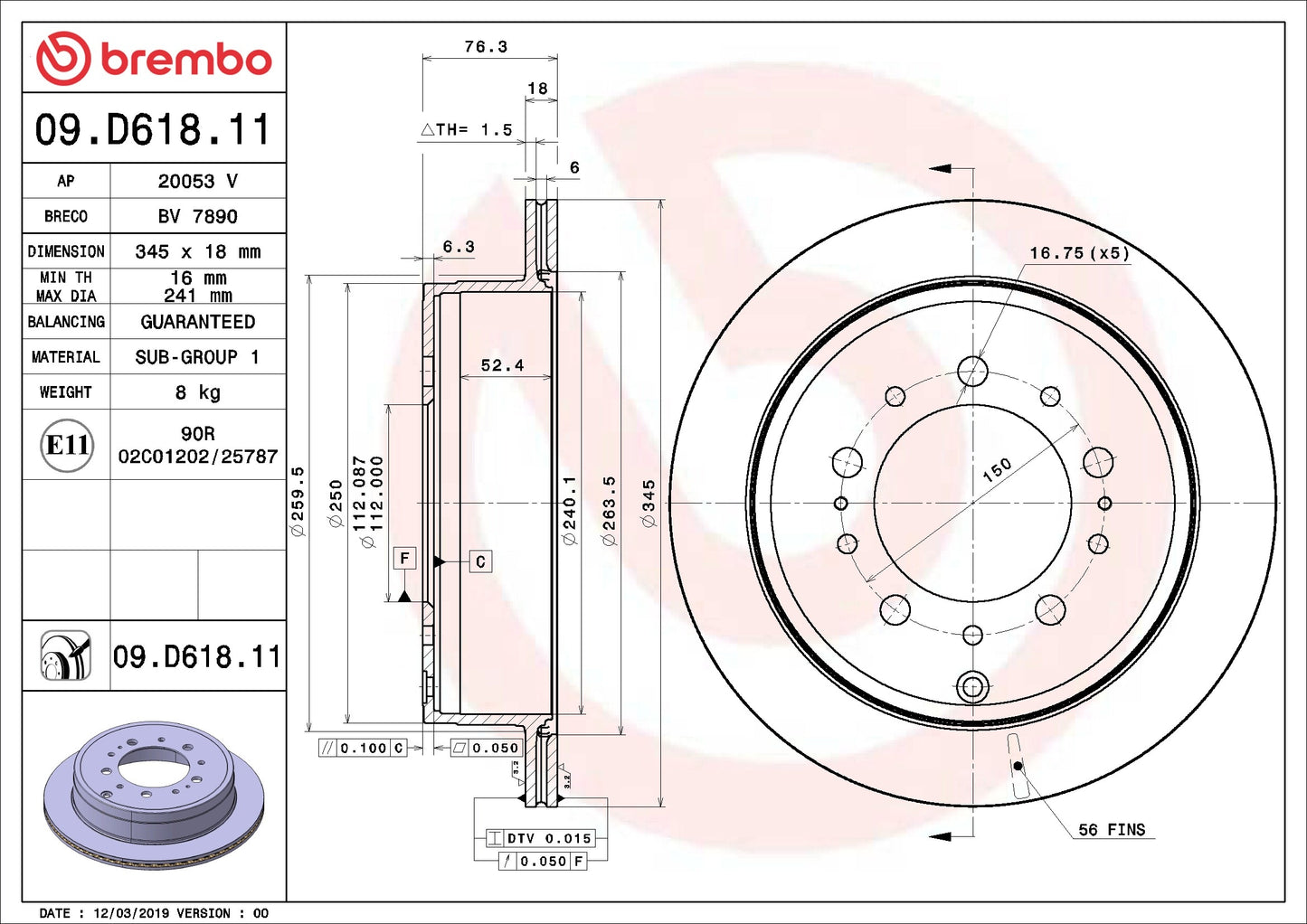 Brembo OE Brembo 20-22 Toyota Corolla/16-22 Toyota Prius/19-22 Toyota Prius AWD-e Front UV Coated Rotor 09.D618.11