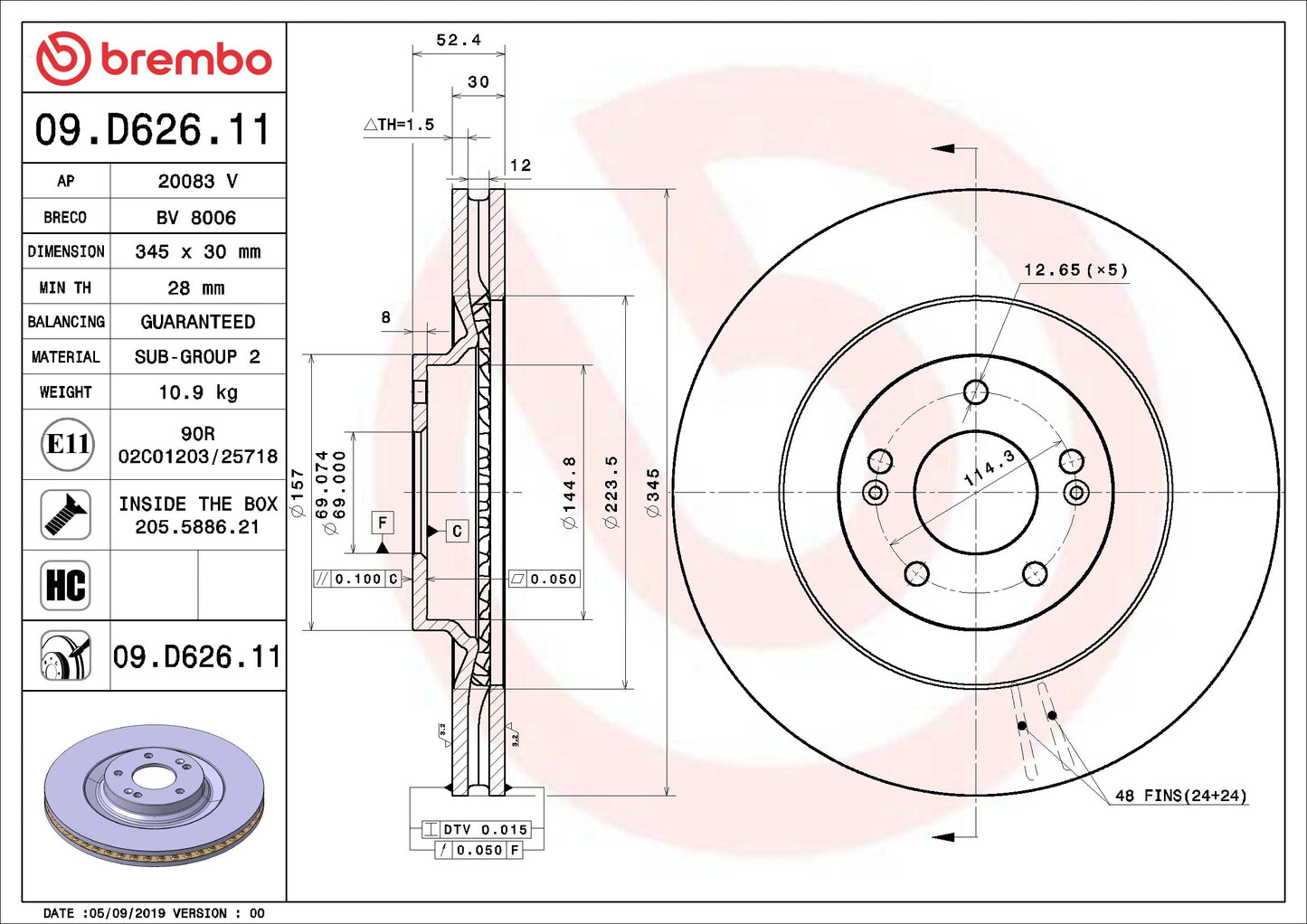 Brembo OE Brembo 19-20 Hyundai Veloster N Front Premium UV Coated OE Equivalent Rotor 09.D626.11