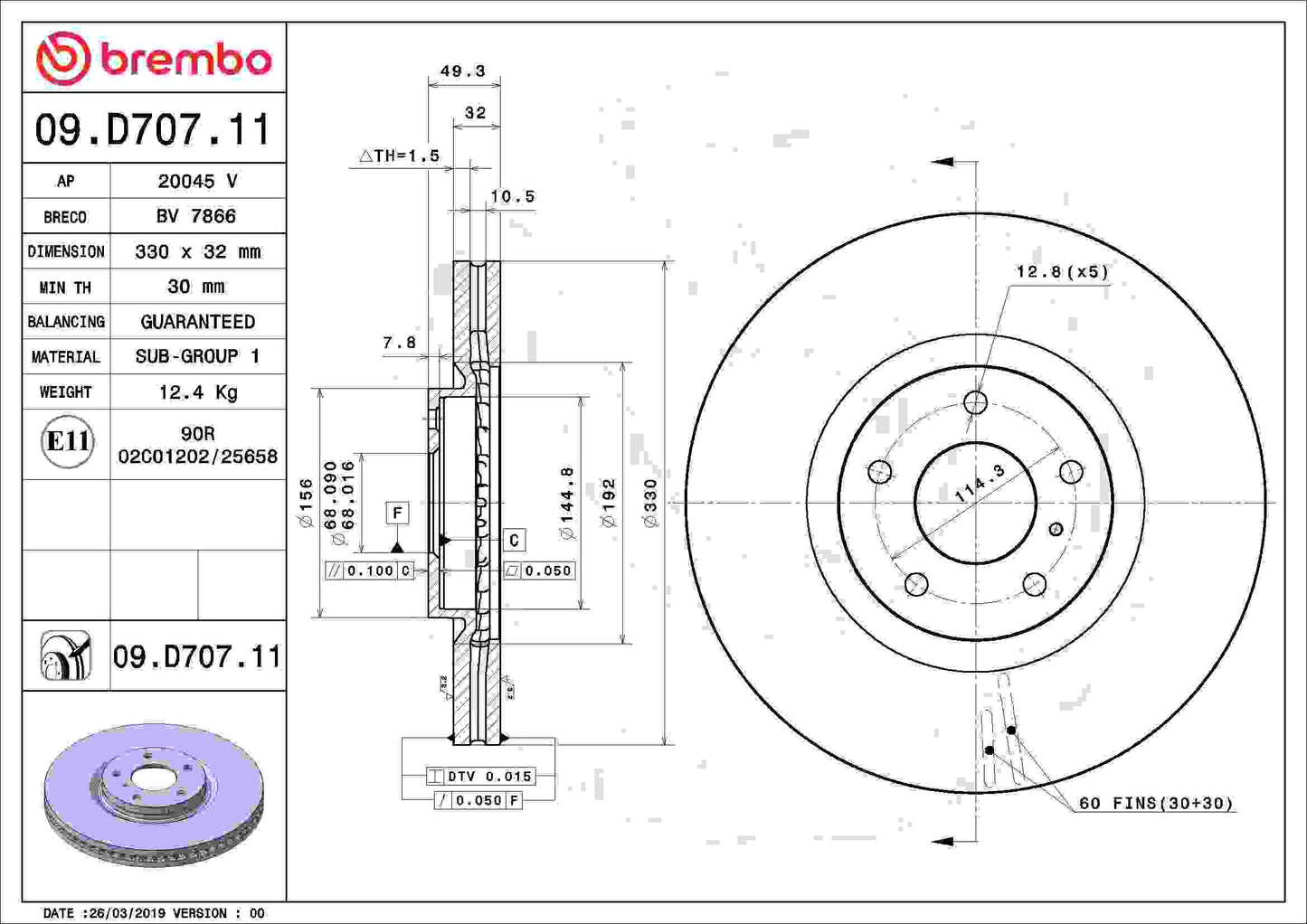 Brembo OE Brembo 07-08 Infiniti G35/08-13 G37/14-15 Q60 Front Premium UV Coated OE Equivalent Rotor 09.D707.11