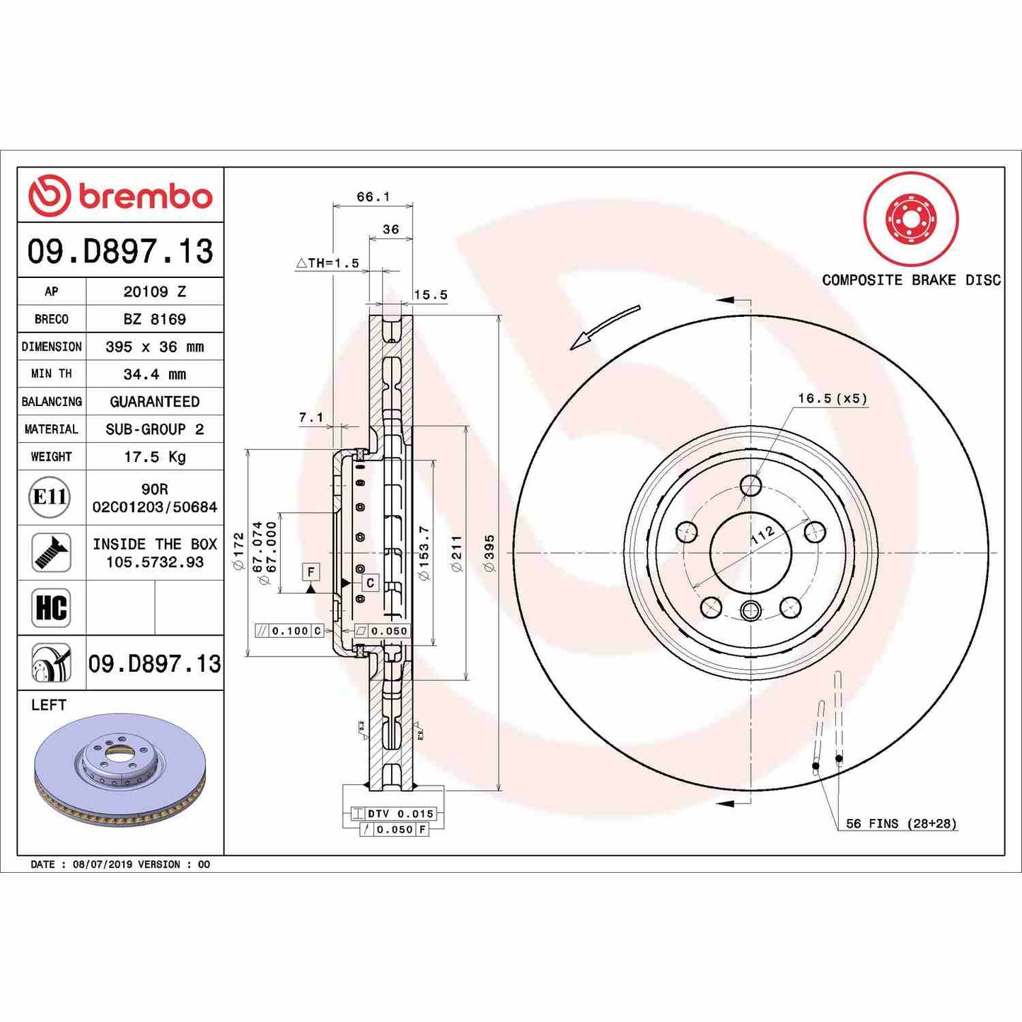 Brembo OE Brembo 20-21 BMW 750i xDrive/2020 840i Front Left Premium UV Coated OE Equivalent Rotor 09.D897.13