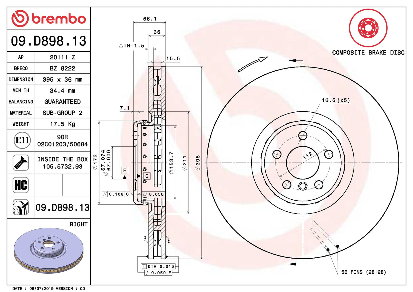 Brembo OE Brembo 20-21 BMW 750i xDrive/17-19 Alpina B7 Front Right Premium UV Coated OE Equivalent Rotor 09.D898.13