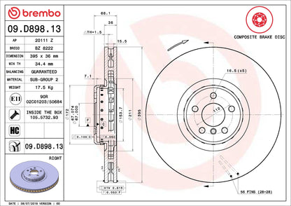 Brembo OE Brembo 20-21 BMW 750i xDrive/17-19 Alpina B7 Front Right Premium UV Coated OE Equivalent Rotor 09.D898.13