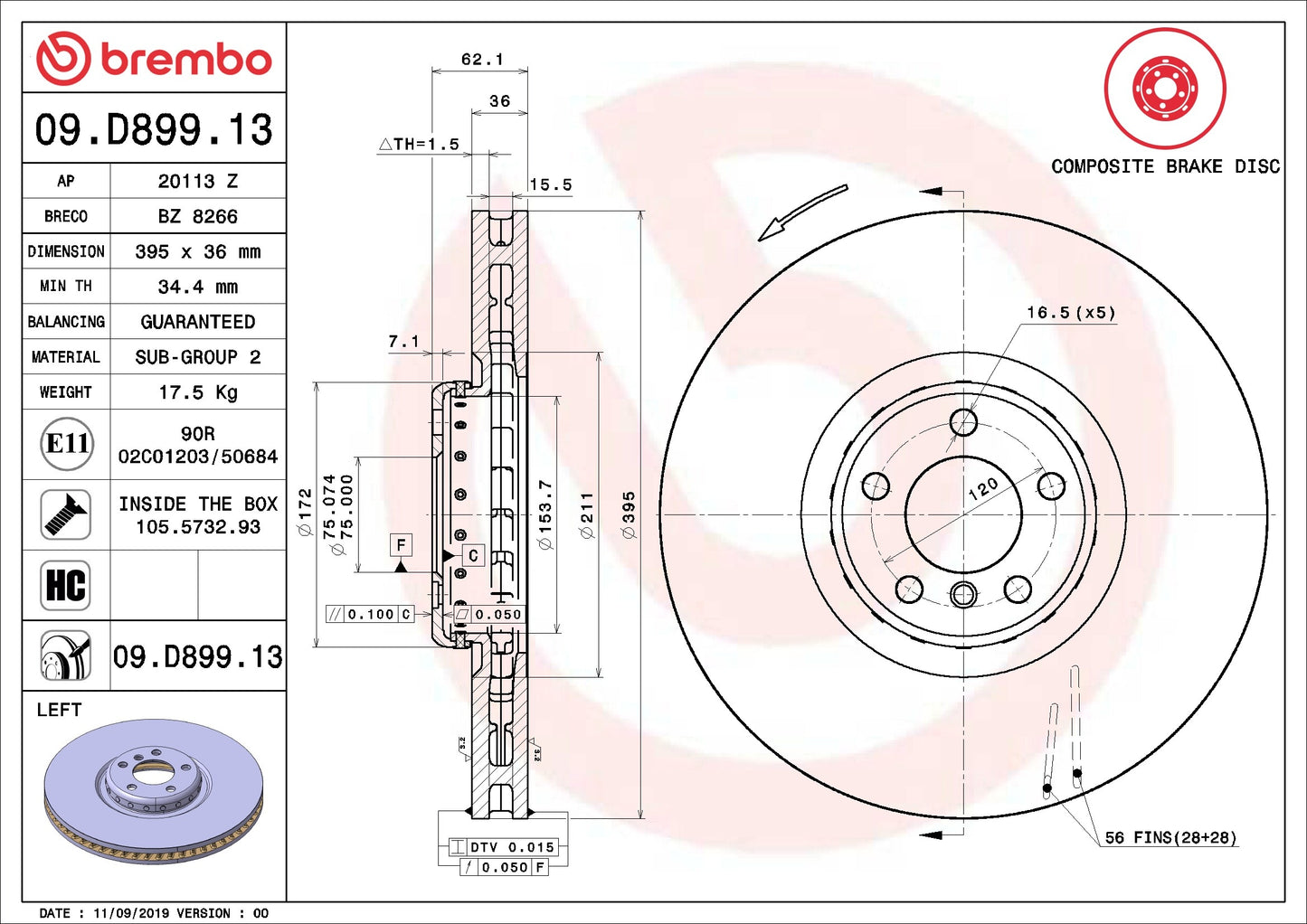 Brembo OE Brembo 10-13 BMW X5/10-14 X6 Front Left Premium UV Coated OE Equivalent Rotor 09.D899.13