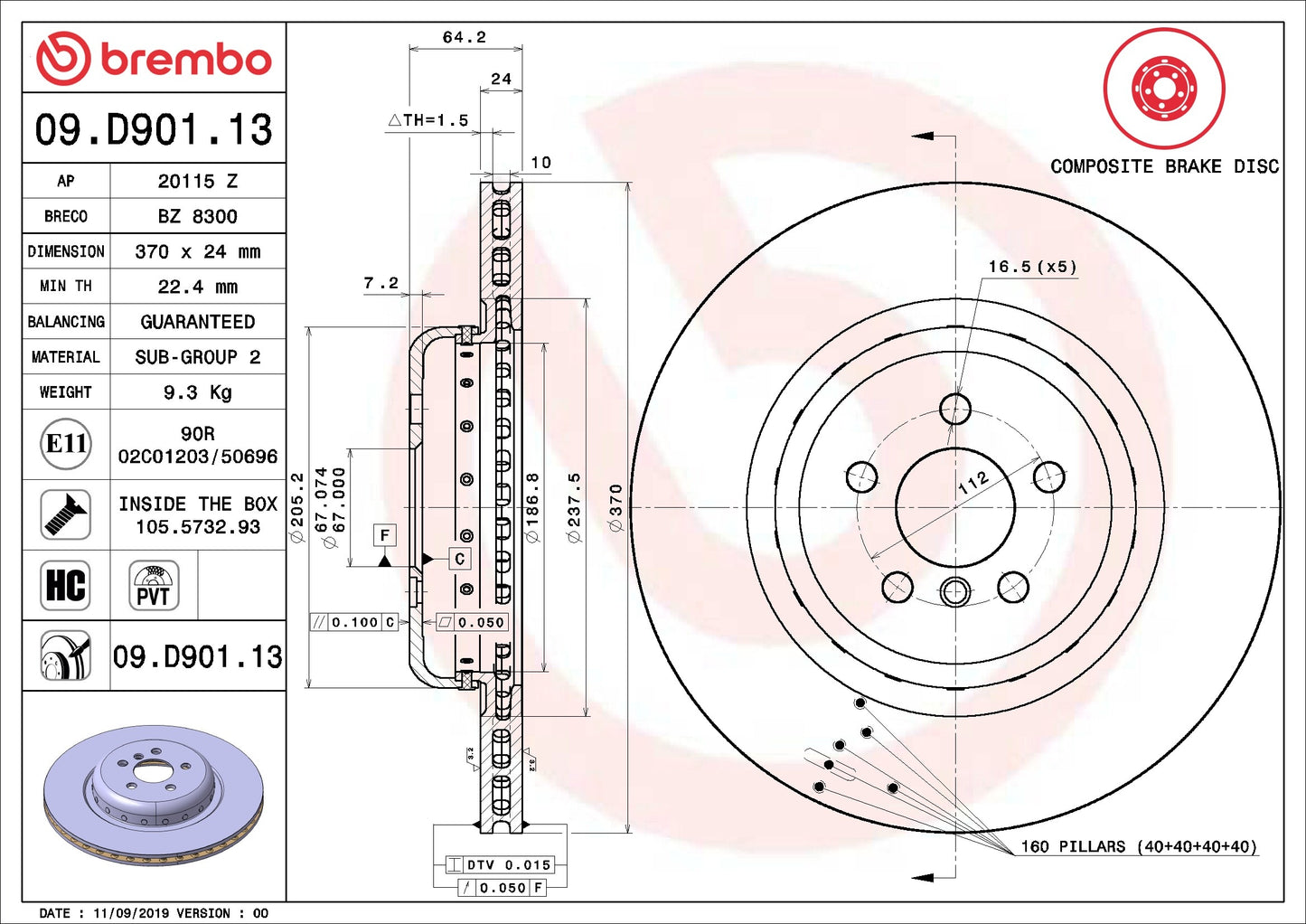 Brembo OE Brembo 2021 BMW 540i/540i xDrive/17-19 740e xDrive Rear Premium UV Coated OE Equivalent Rotor 09.D901.13