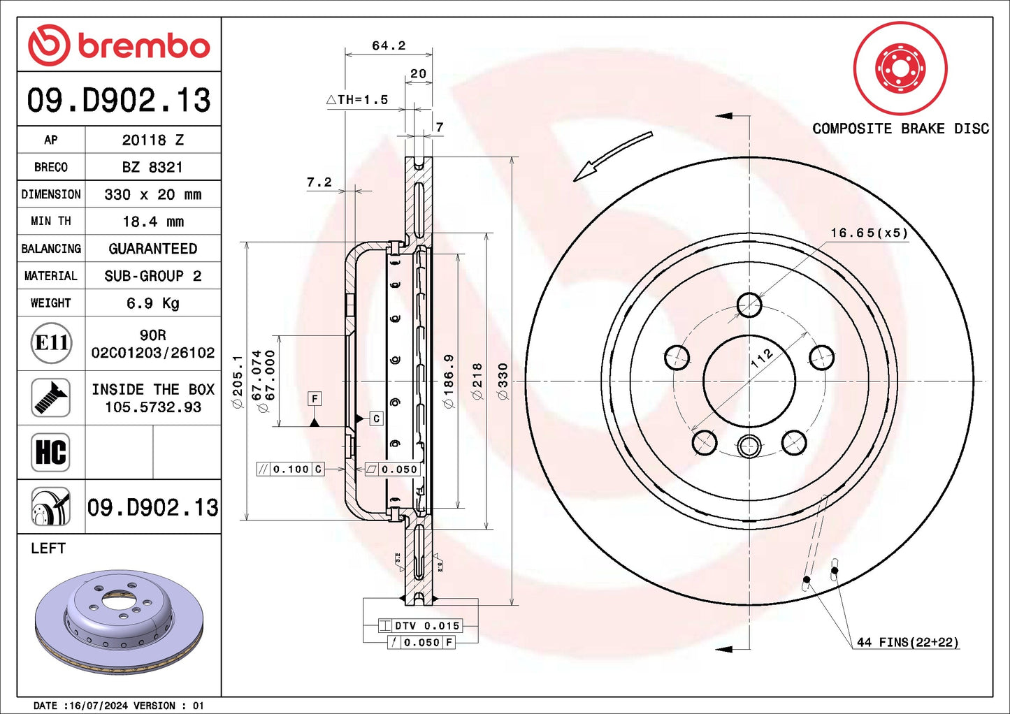 Brembo OE Brembo 2021 BMW 330e/330e xDrive/19-21 330i Rear Left Premium UV Coated OE Equivalent Rotor 09.D902.13