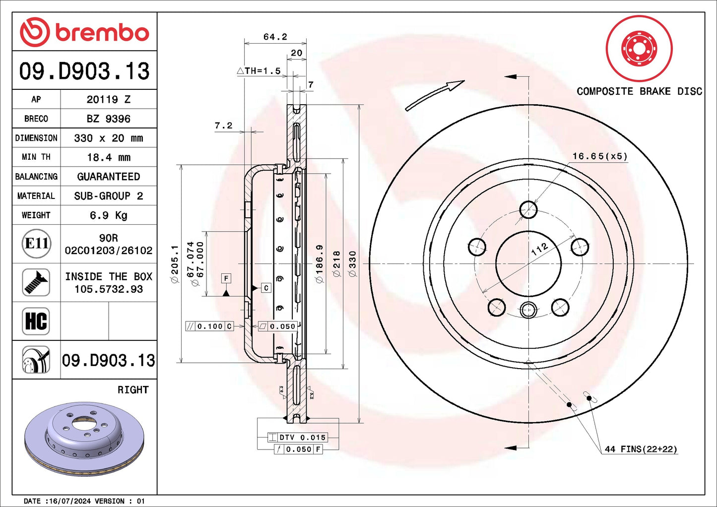 Brembo OE Brembo 2021 BMW 330e/330e xDrive/19-21 330i Rear Right Premium UV Coated OE Equivalent Rotor 09.D903.13