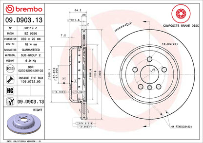 Brembo OE Brembo 2021 BMW 330e/330e xDrive/19-21 330i Rear Right Premium UV Coated OE Equivalent Rotor 09.D903.13