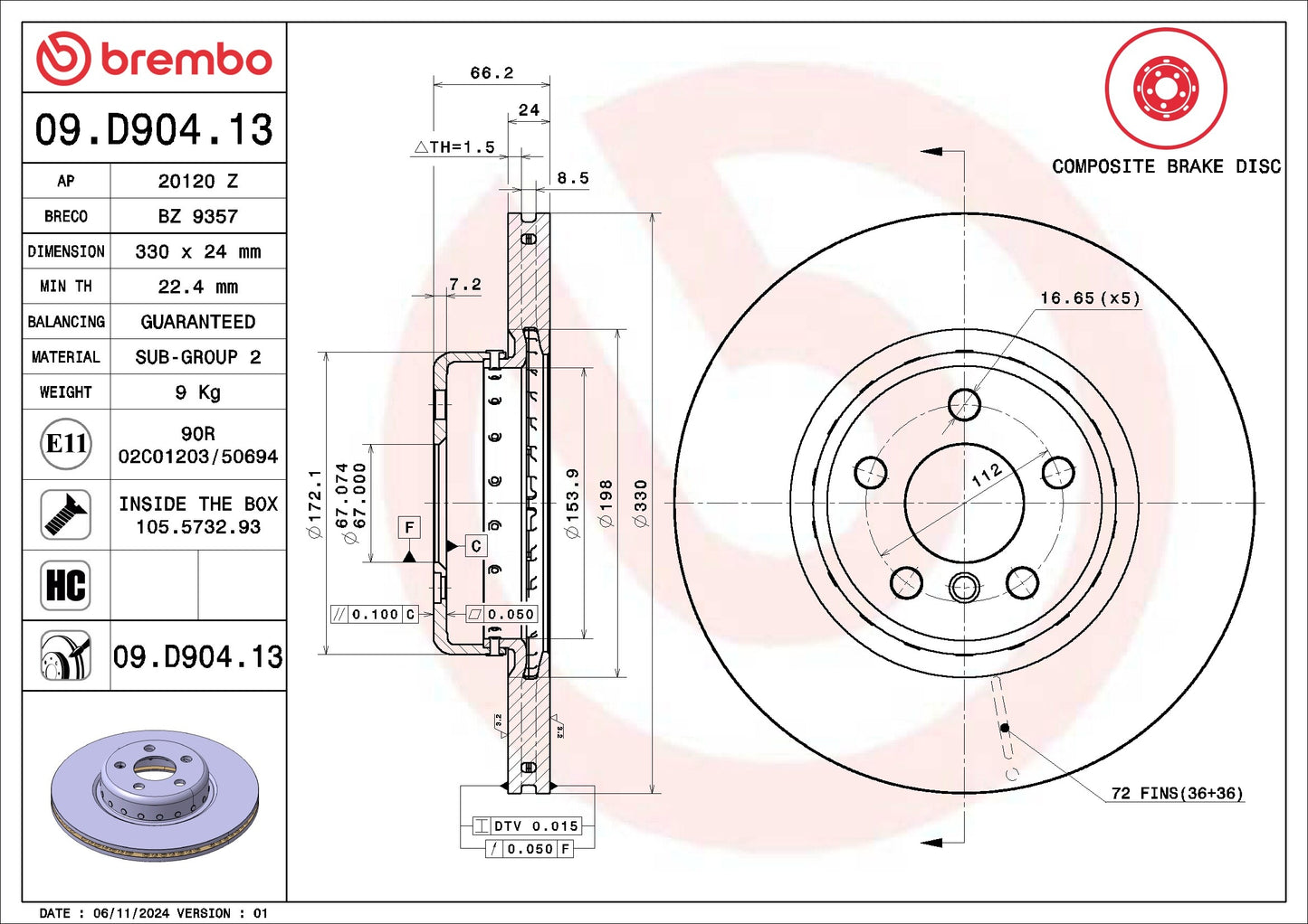 Brembo OE Brembo 2021 BMW 330e/330e xDrive/19-21 330i/330i xDrive Front Premium UV Coated OE Equivalent Rotor 09.D904.13
