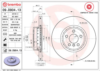 Brembo OE Brembo 2021 BMW 330e/330e xDrive/19-21 330i/330i xDrive Front Premium UV Coated OE Equivalent Rotor 09.D904.13